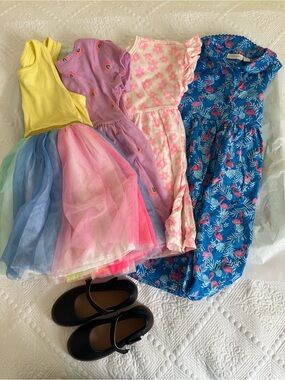Girls Rainbow Tulle Dress + 3 Printed Dresses Bundle